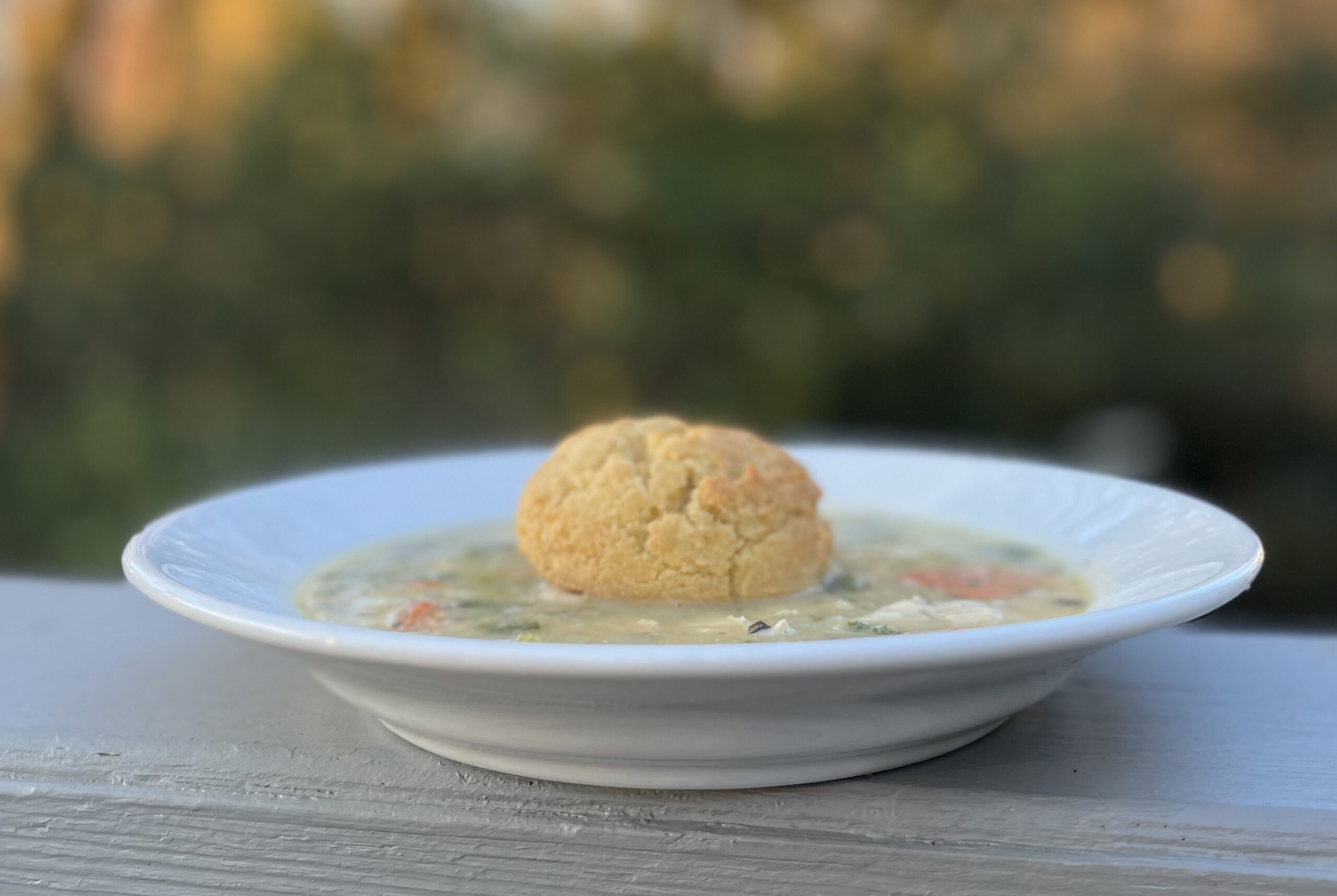 Chicken Pot Pie Soup with a Grain-Free Biscuits