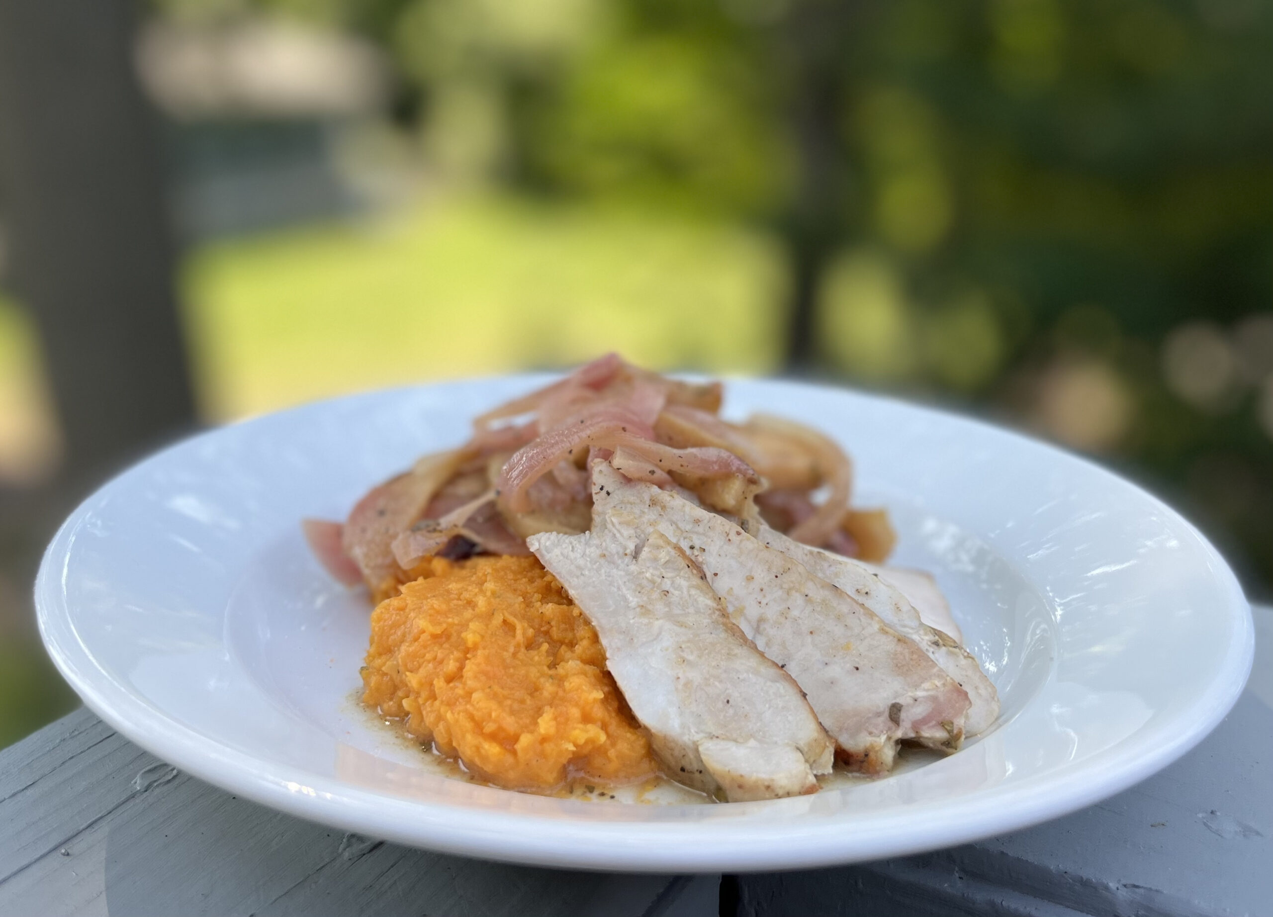 Sliced Pork Loin with Apples & Sweet Potato Mash